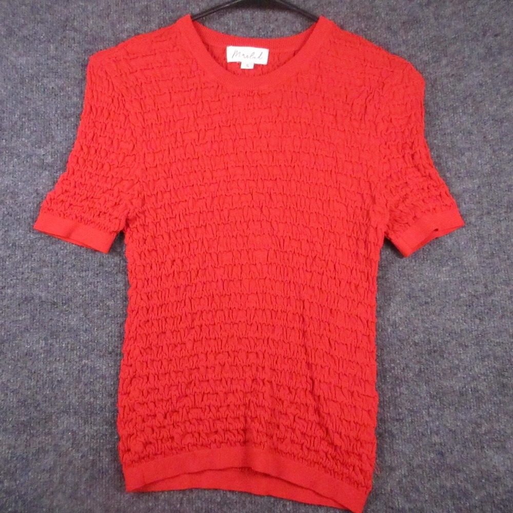 Marled Shirt Womens Small Red Textured Smocked Short Sleeve Knit Tee Top - Picture 1 of 7